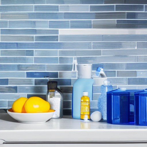 033_An eye level counter-view shows blue tile, a faucet, dish scrubbers, bowls, a squirt bottle and similar kitchen items..png